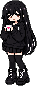 n2x as a pixel anime character: long black hair down to the back, brown eyes, very pale skin, holding a coffee mug