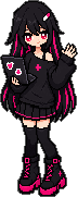 phi as a pixel anime girl: long black hair down her back, crimson eyes, pill hair clip, holding a laptop and waving
